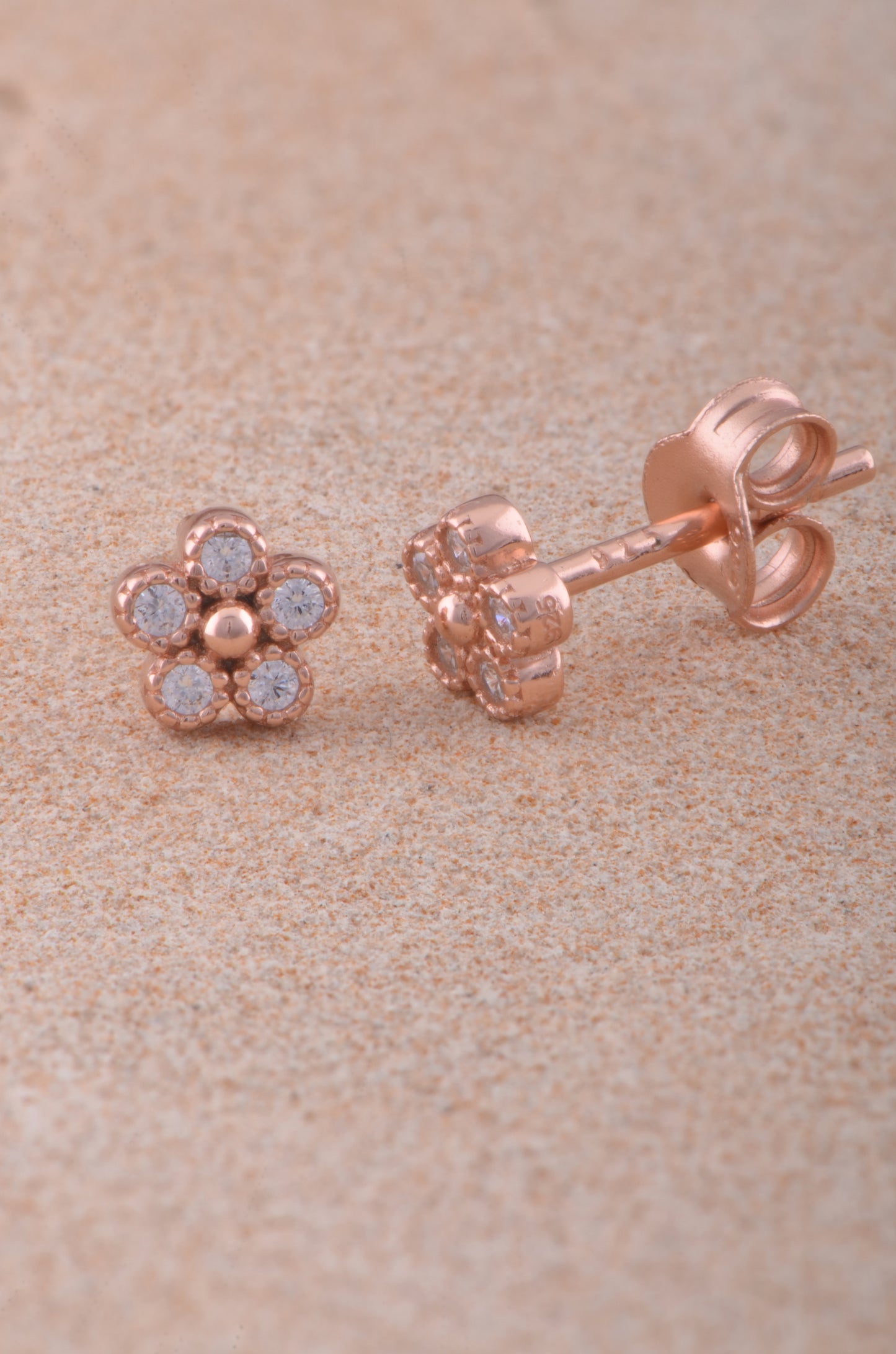 Rose Gold Vermeil Sterling Silver Ladies Tiny Flower Cz Stud Earrings