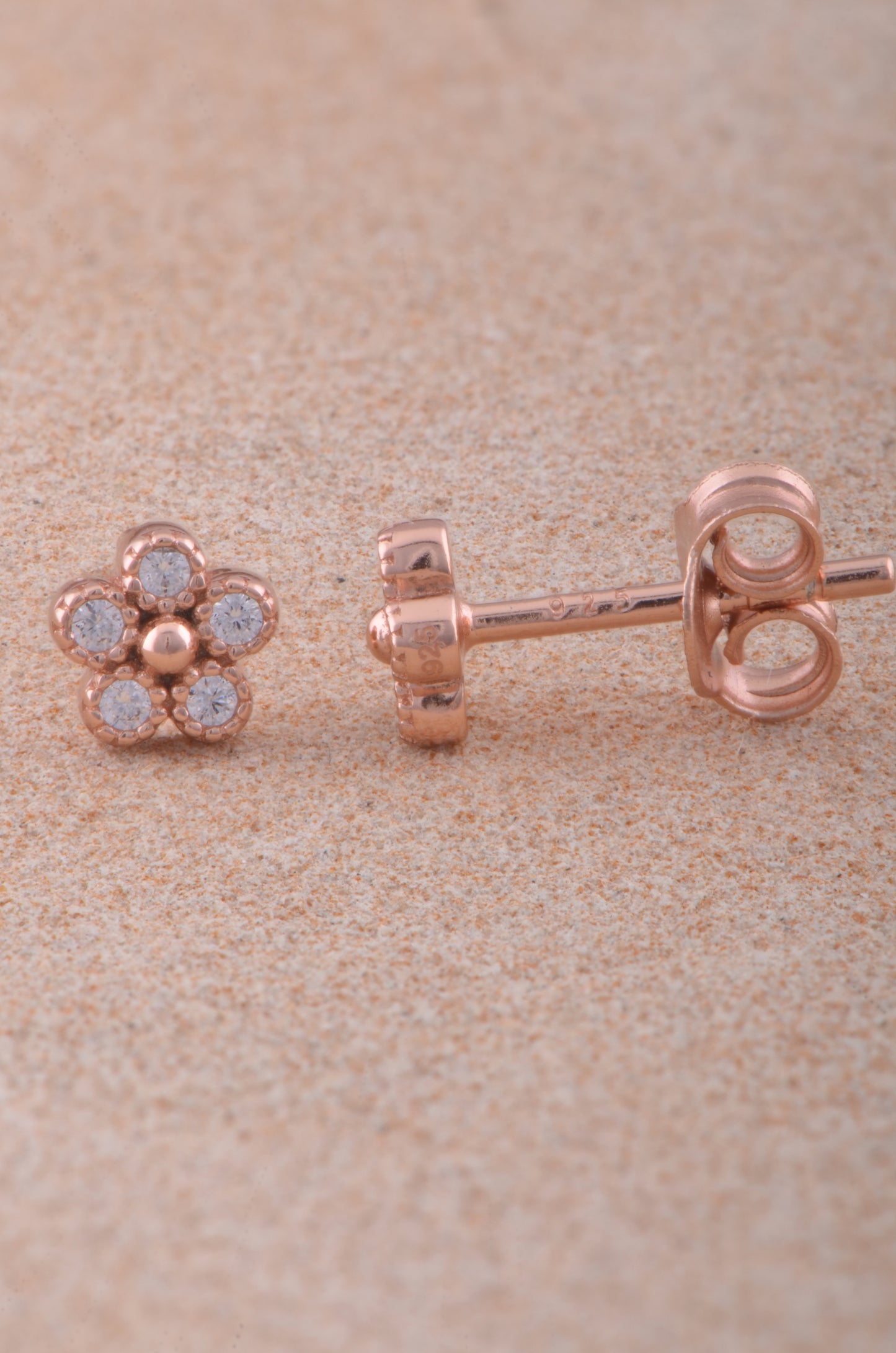 Rose Gold Vermeil Sterling Silver Ladies Tiny Flower Cz Stud Earrings