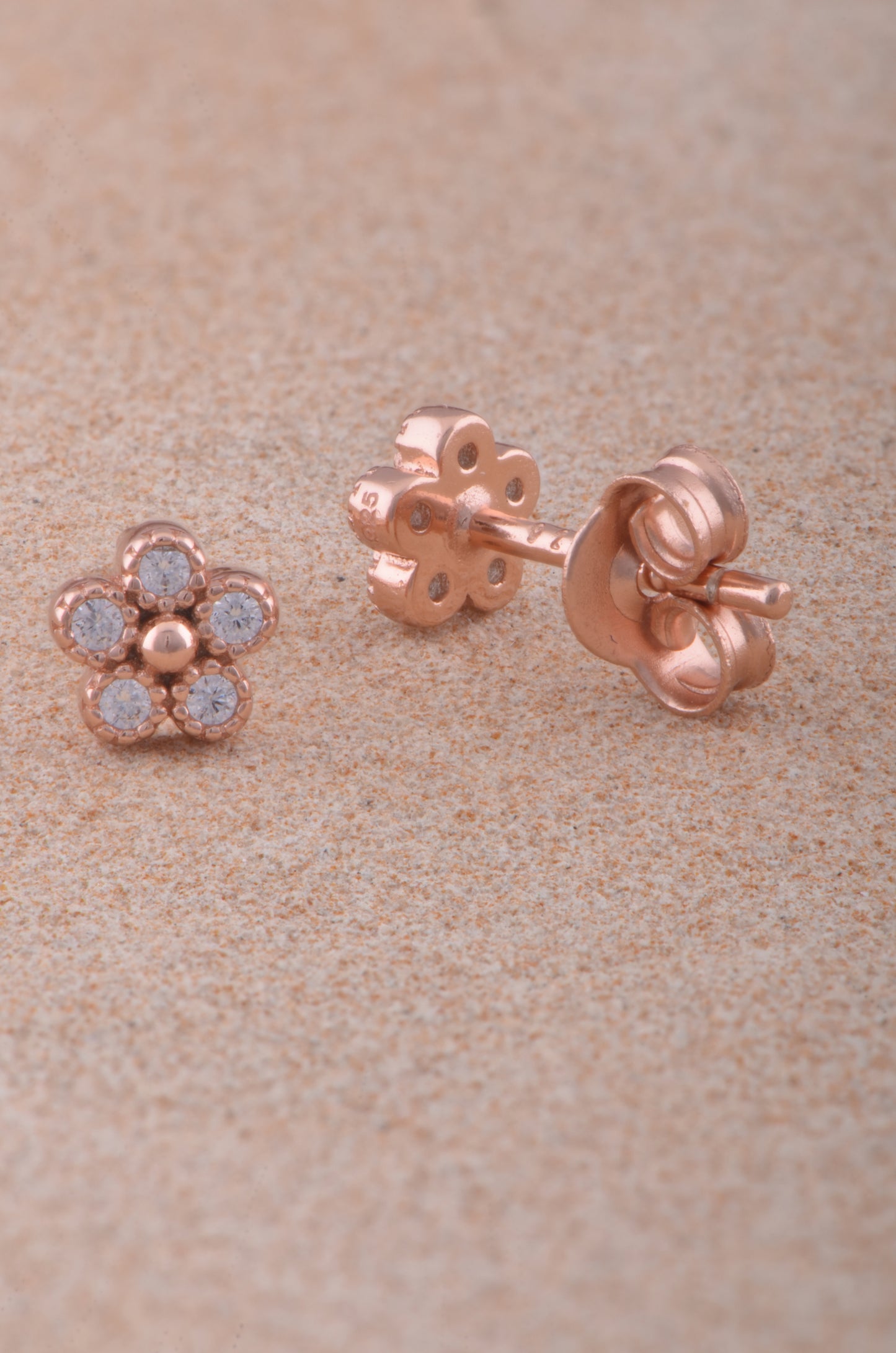 Rose Gold Vermeil Sterling Silver Ladies Tiny Flower Cz Stud Earrings