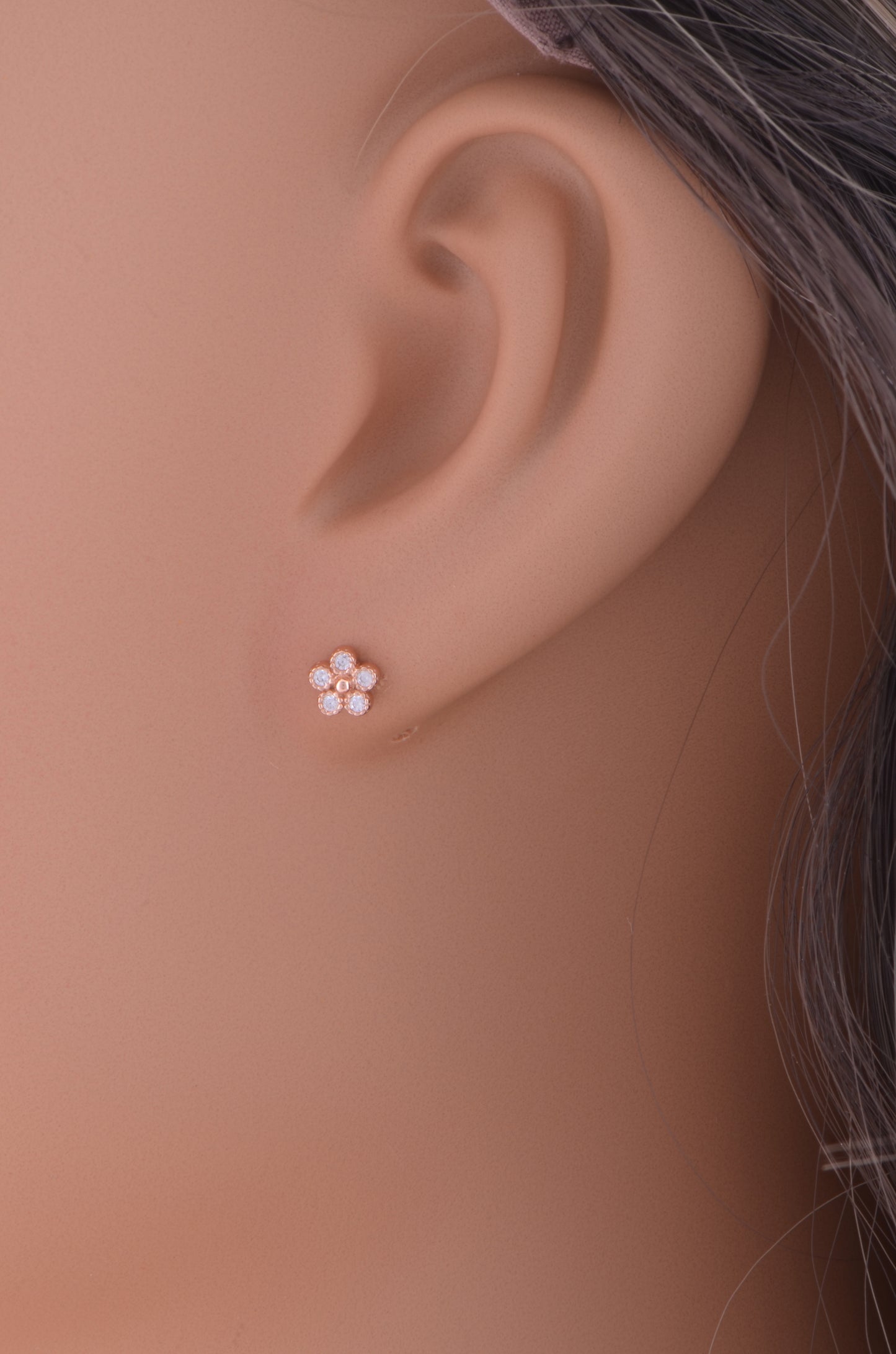 Rose Gold Vermeil Sterling Silver Ladies Tiny Flower Cz Stud Earrings