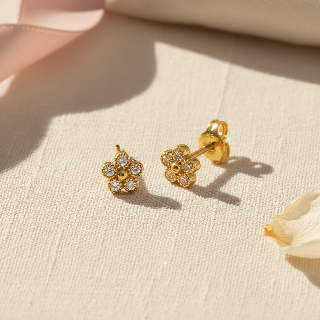 Yellow Gold Plated Sterling Silver CZ Tiny Flower Stud Earrings