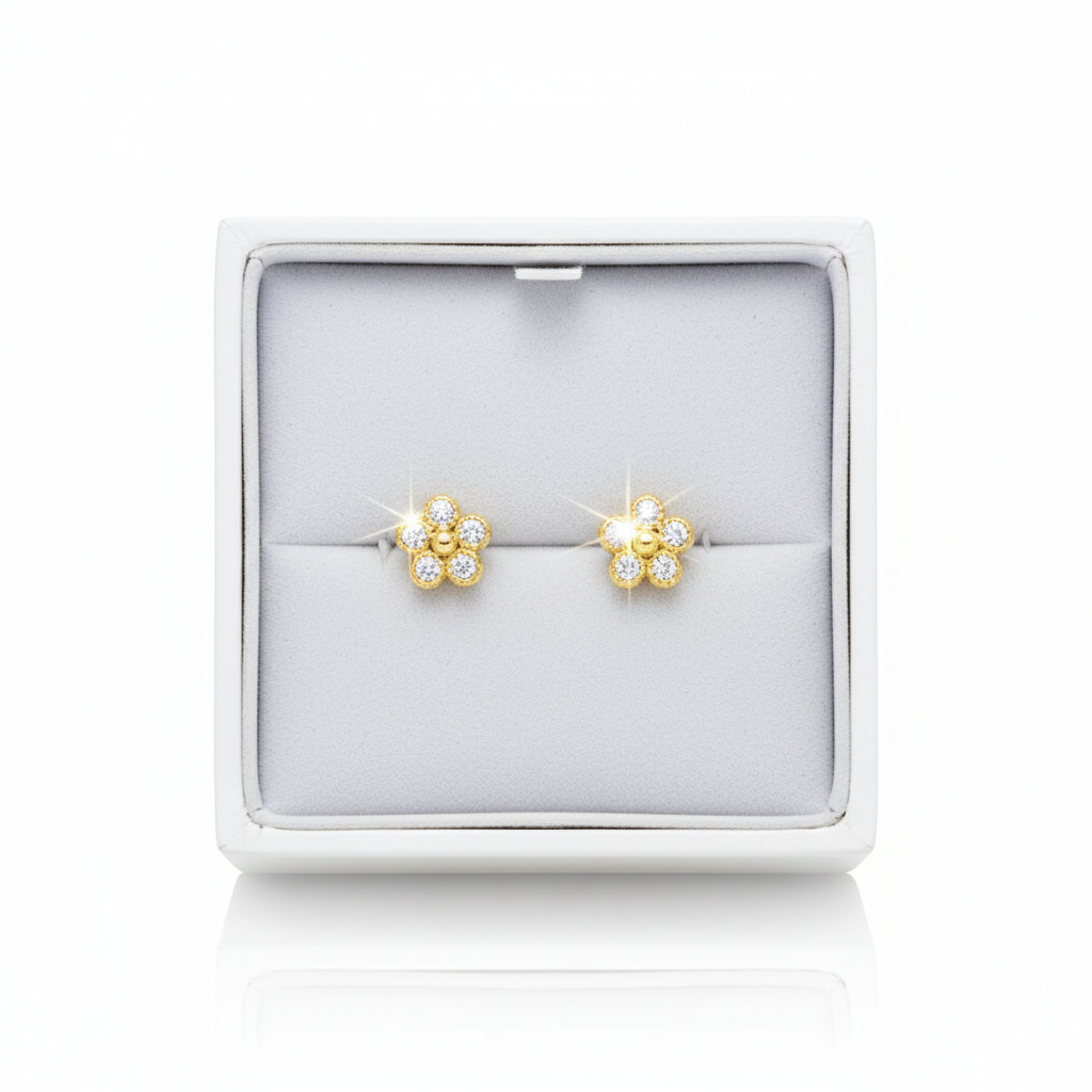 Yellow Gold Plated Sterling Silver CZ Tiny Flower Stud Earrings