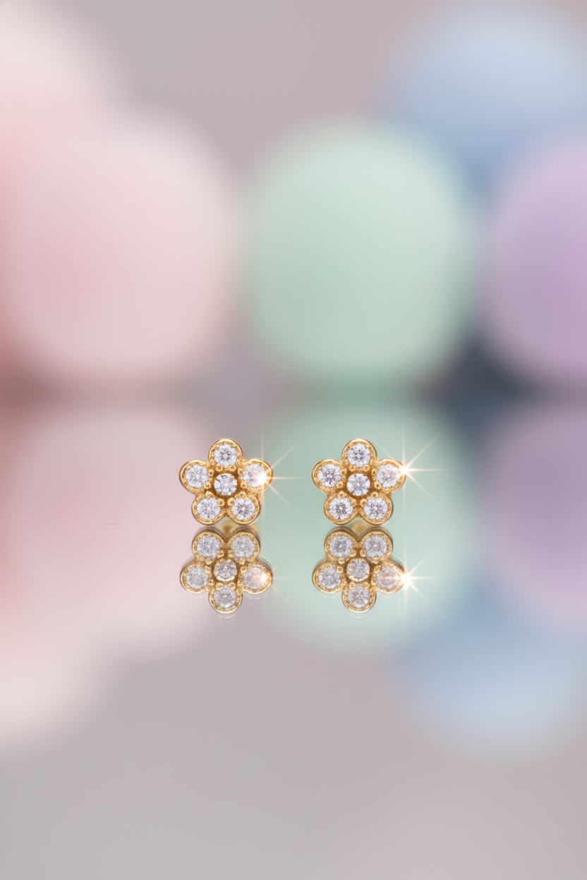 Yellow Gold Plated Sterling Silver CZ Tiny Flower Stud Earrings