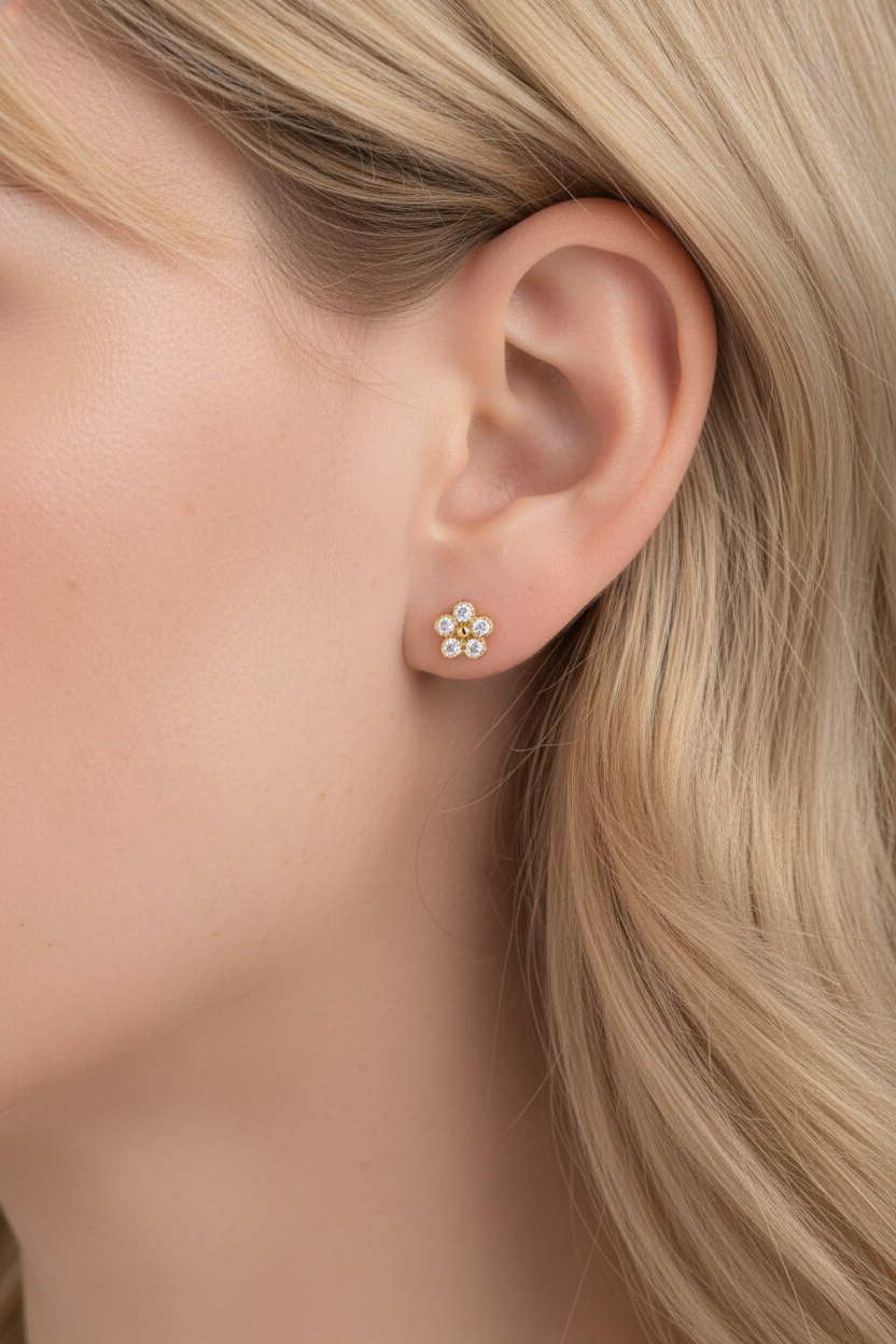 Yellow Gold Plated Sterling Silver CZ Tiny Flower Stud Earrings
