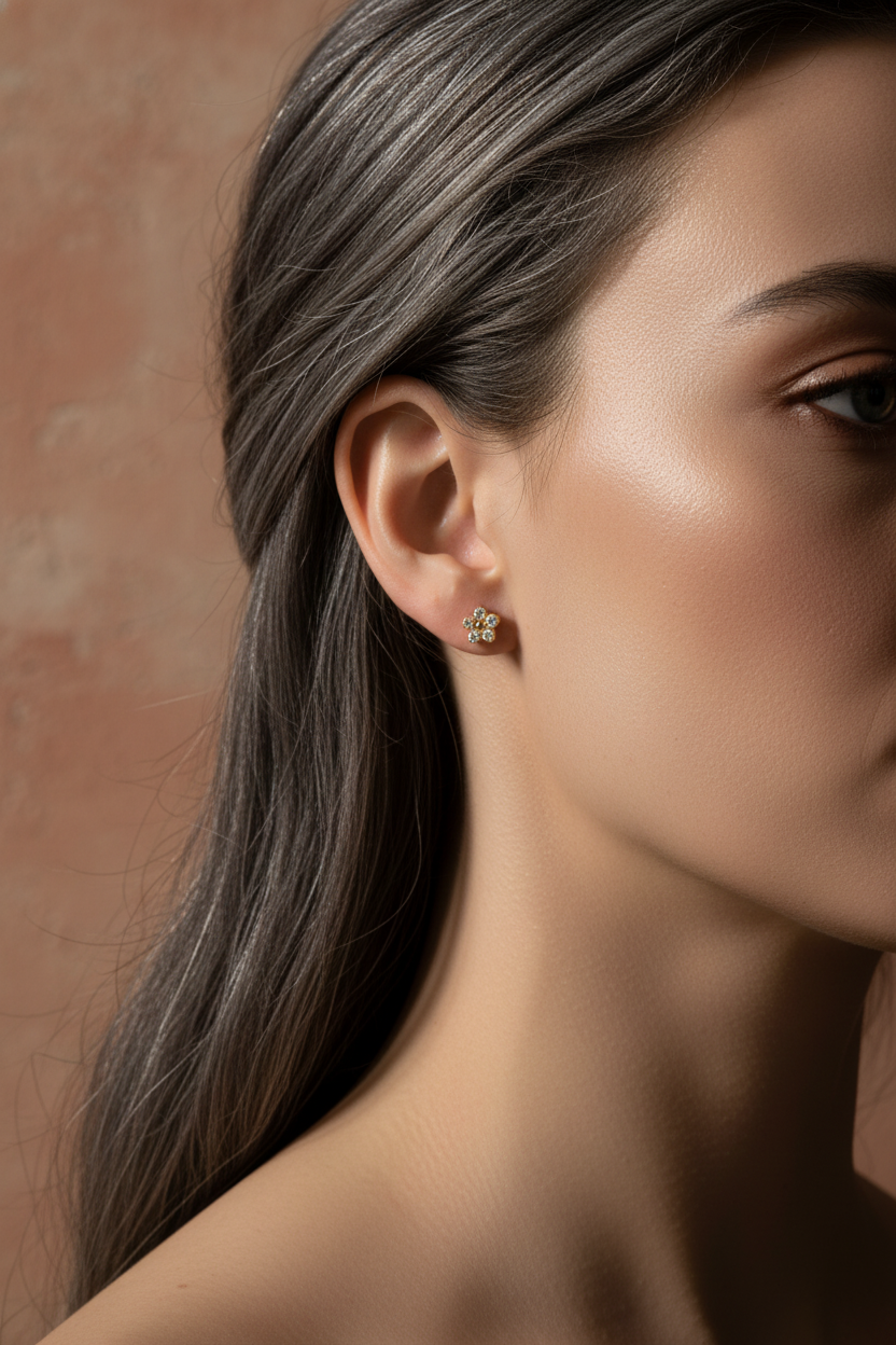 Yellow Gold Plated Sterling Silver CZ Tiny Flower Stud Earrings
