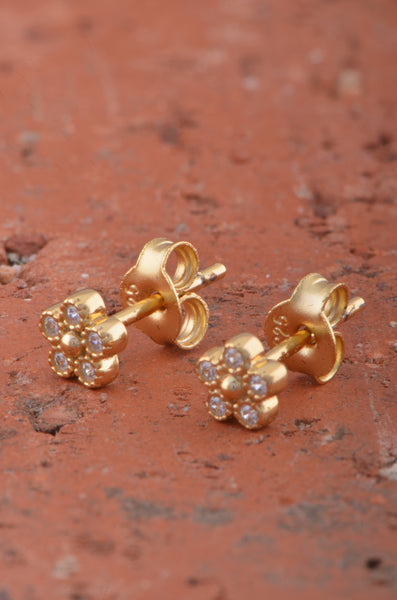 Yellow Gold Plated Sterling Silver Cz Tiny Flower Stud Earrings