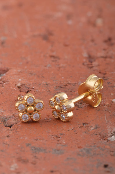 Yellow Gold Plated Sterling Silver Cz Tiny Flower Stud Earrings
