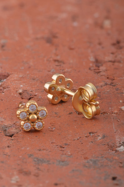 Yellow Gold Plated Sterling Silver Cz Tiny Flower Stud Earrings