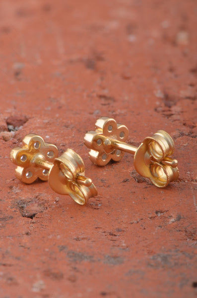 Yellow Gold Plated Sterling Silver Cz Tiny Flower Stud Earrings