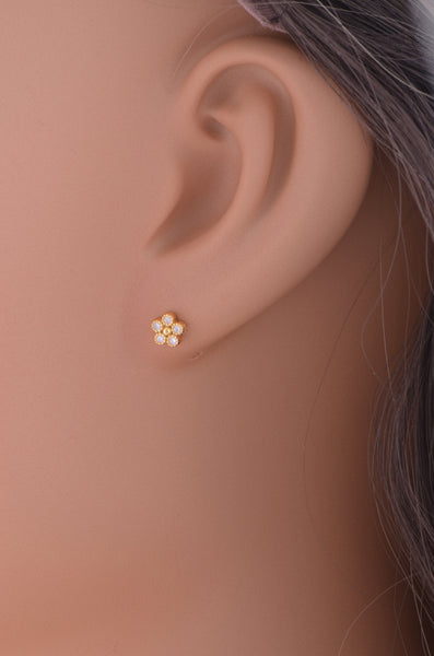 Yellow Gold Plated Sterling Silver Cz Tiny Flower Stud Earrings