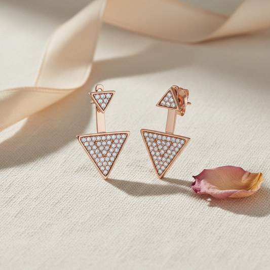 Rose Gold Tone Sterling Silver CZ Triangle Earring Jacket Stud Earrings