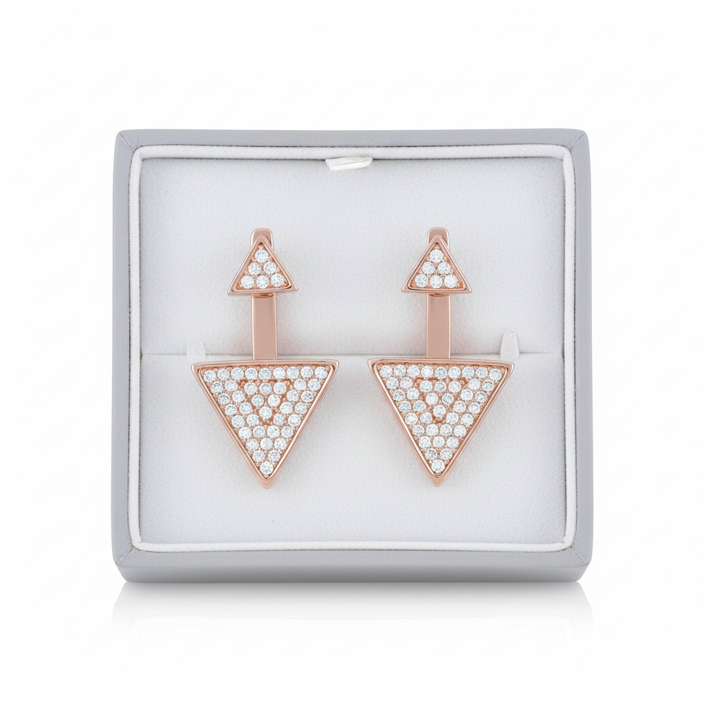 Rose Gold Tone Sterling Silver CZ Triangle Earring Jacket Stud Earrings