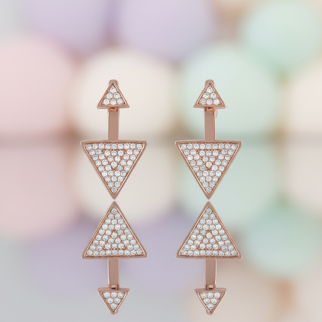 Rose Gold Tone Sterling Silver CZ Triangle Earring Jacket Stud Earrings