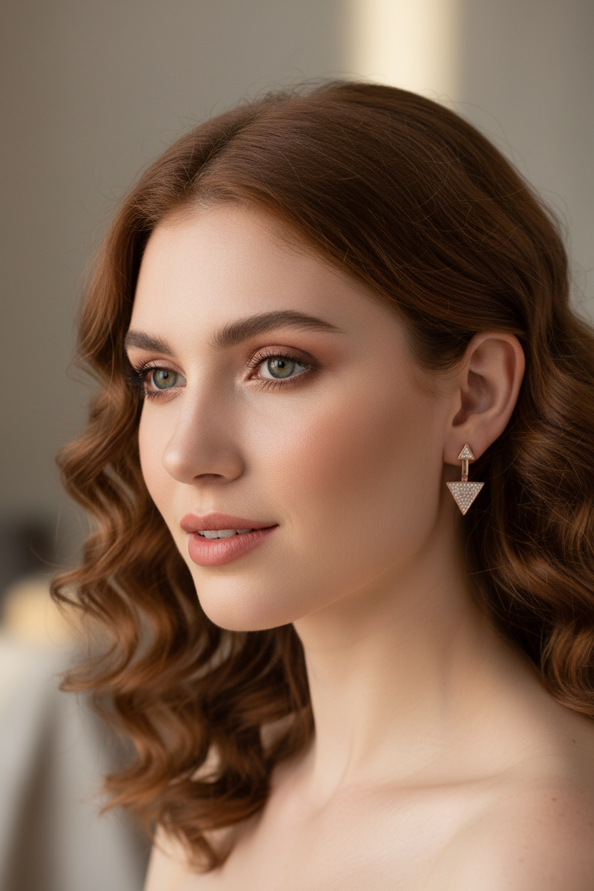 Rose Gold Tone Sterling Silver CZ Triangle Earring Jacket Stud Earrings