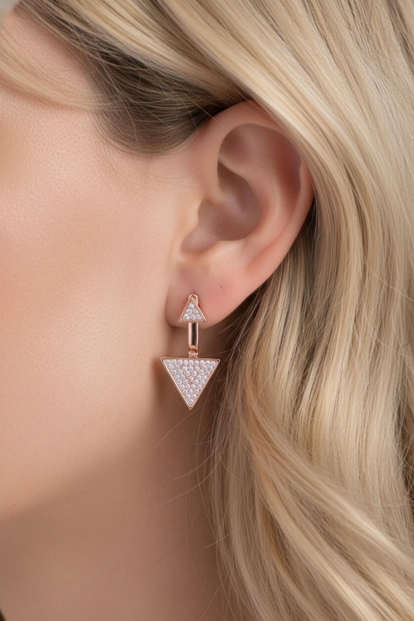 Rose Gold Tone Sterling Silver CZ Triangle Earring Jacket Stud Earrings