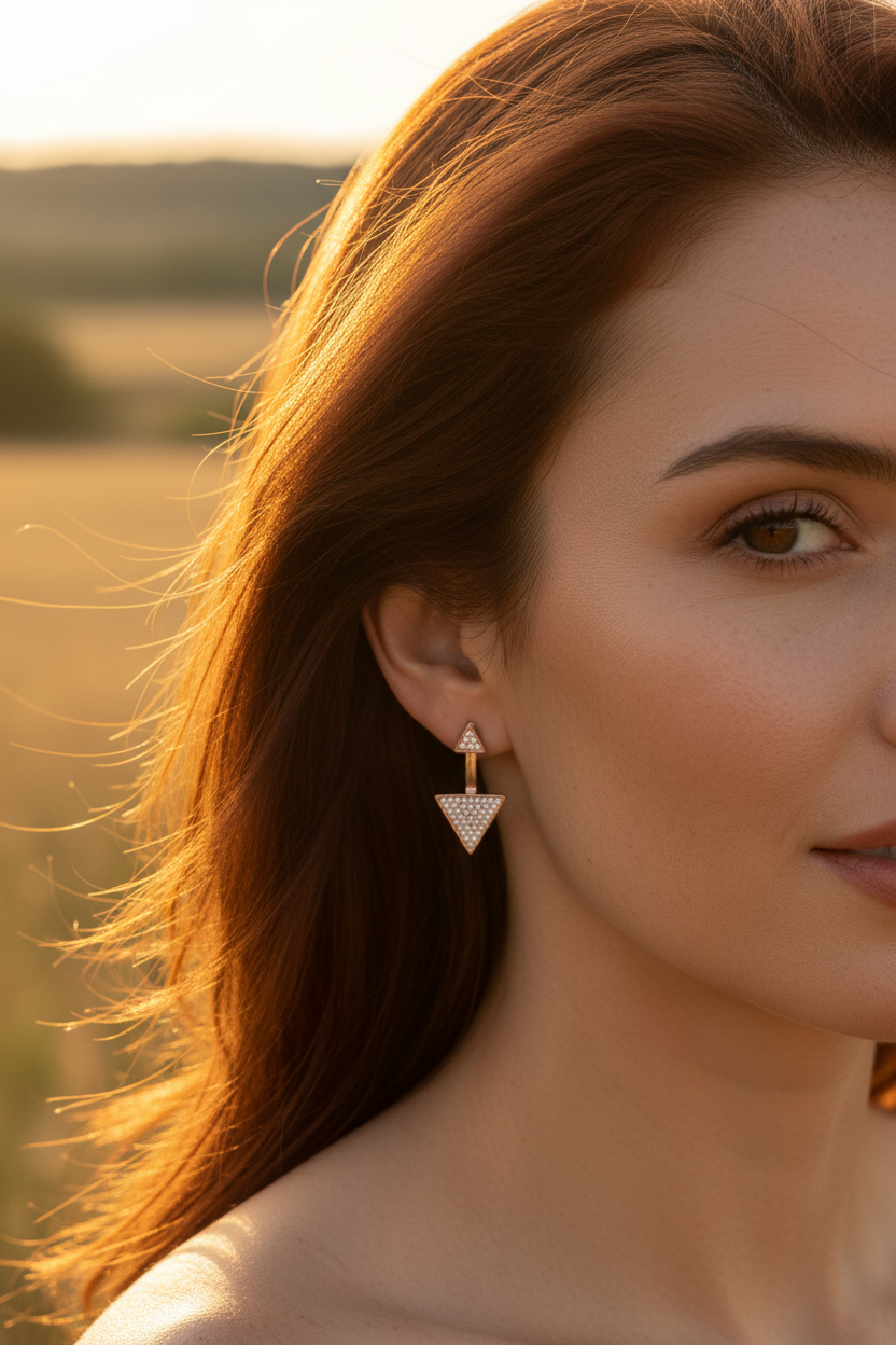 Rose Gold Tone Sterling Silver CZ Triangle Earring Jacket Stud Earrings
