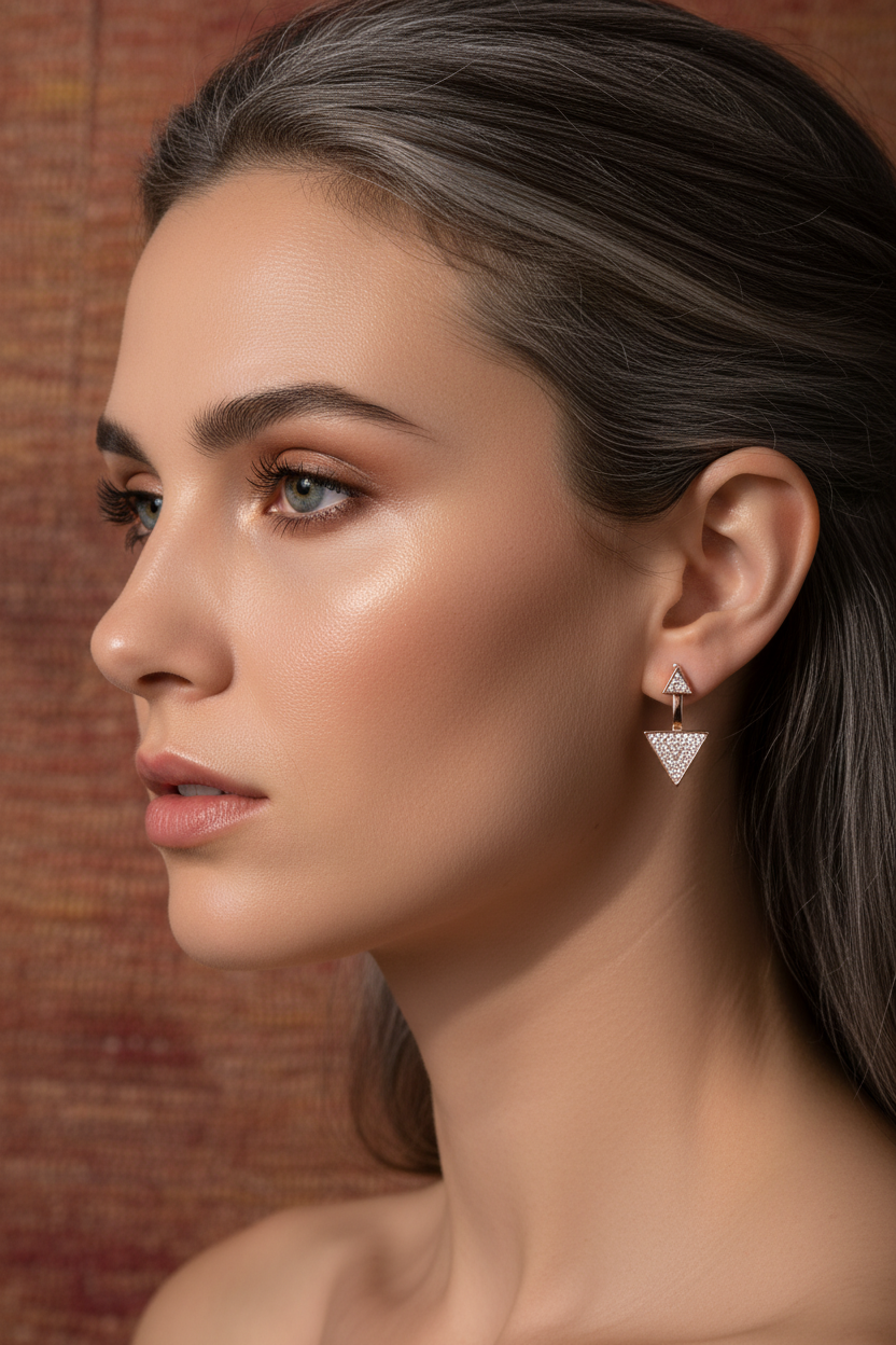 Rose Gold Tone Sterling Silver CZ Triangle Earring Jacket Stud Earrings