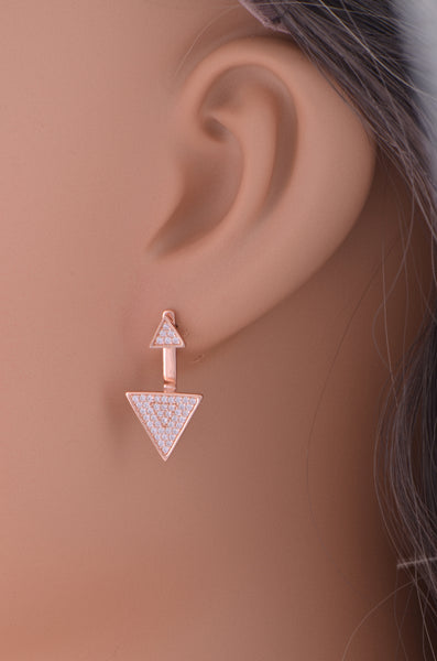 Rose Gold Tone Sterling Silver Cz Triangle Earring Jacket Stud Earrings
