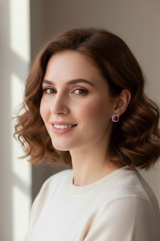 White Gold over Sterling Silver Cushion Cut Simulated Ruby CZ Halo stud earrings