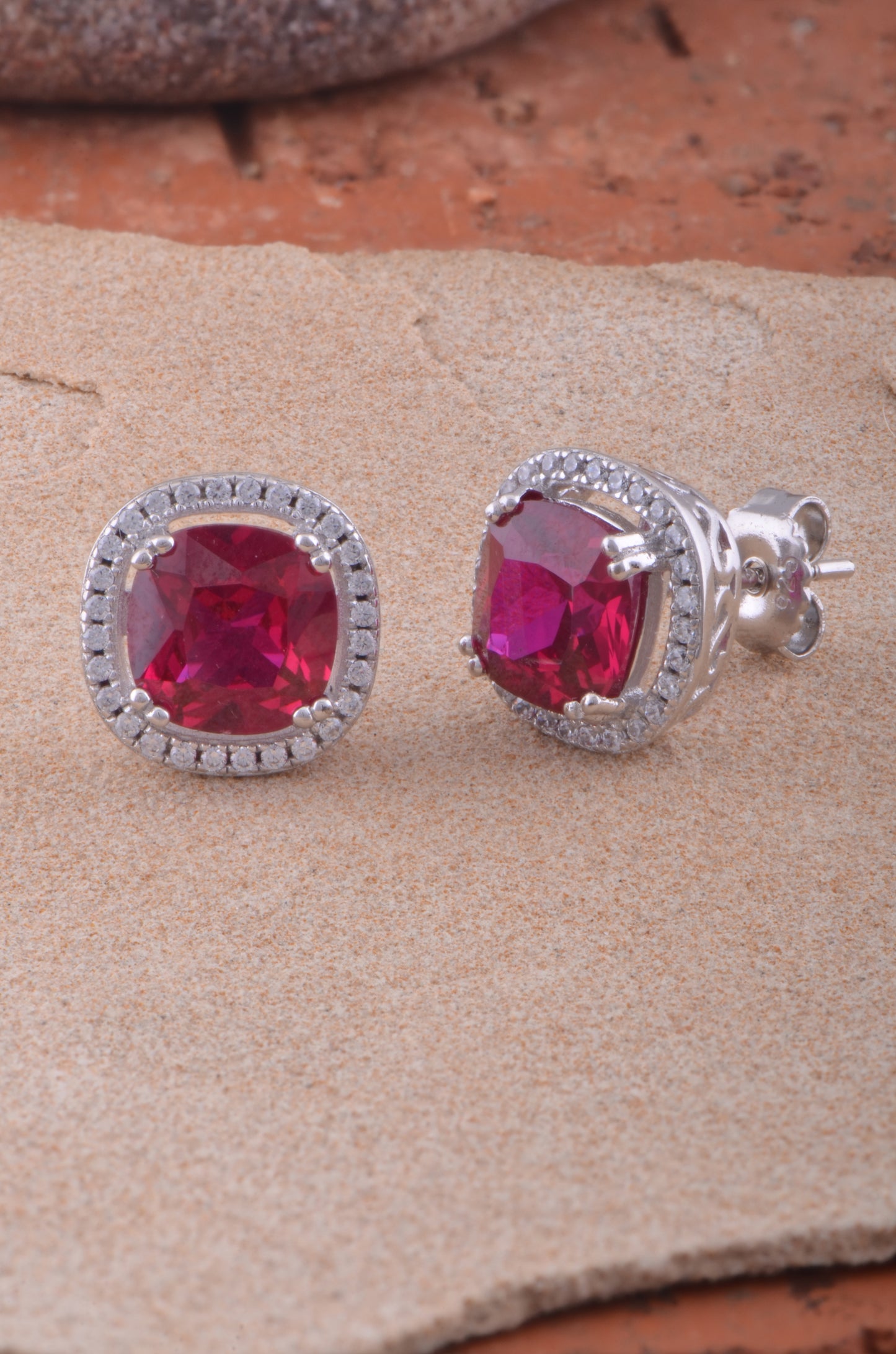White Gold Over Sterling Silver Cushion Cut Simulated Ruby Cz Halo stud earrings