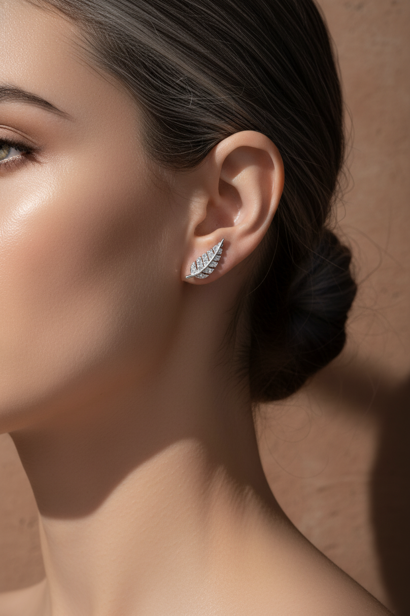 Sterling Silver CZ Feather Ear Crawler Stud earrings | SilverCloseOut