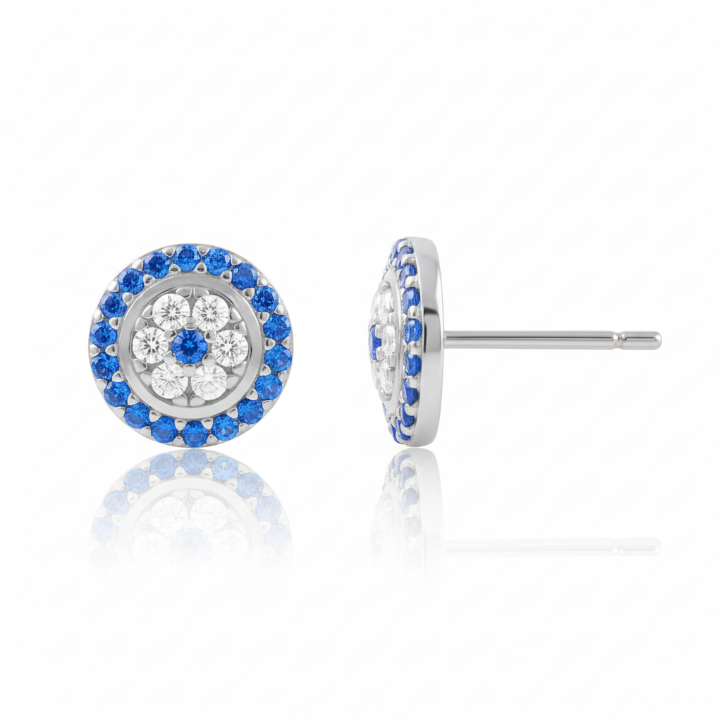 Sterling Silver CZ Evil Eye Stud Earrings | SilverCloseOut