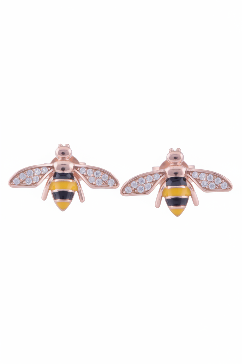 14K Gold 925 Sterling Silver Yellow and Black Enamel Bee Earrings - Gift for Her