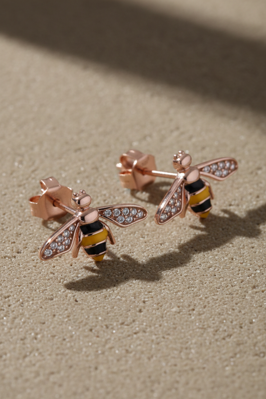 14K Rose Gold Vermeil Honey Bee Stud Earrings for Women - 925 Sterling Silver Yellow and Black Enamel Bee Earrings - Gift for Her