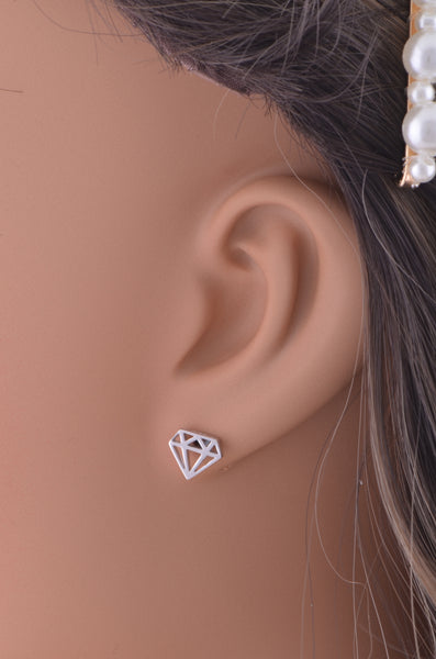 Rhodium Plated Sterling Silver Womens Dainty Diamond Shaped Push Back Stud Earrings - 7mm