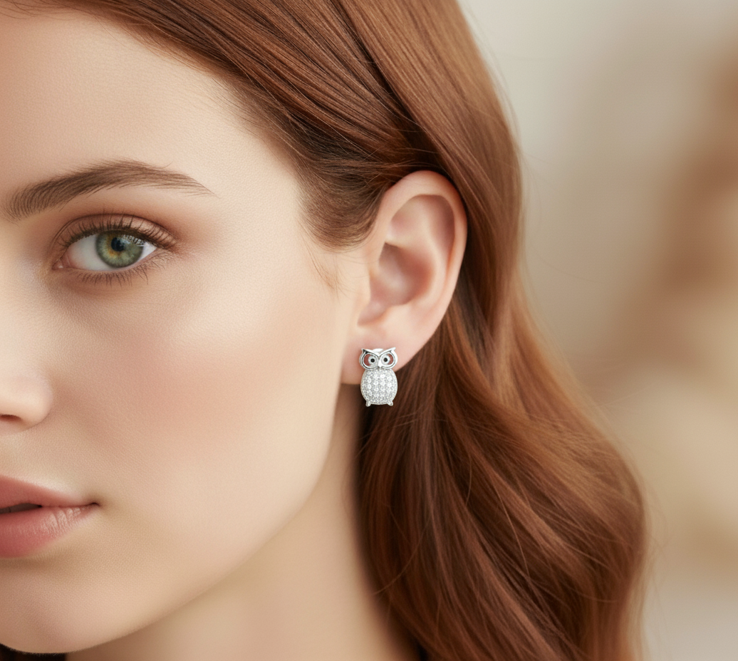 Close-up of a woman wearing white gold owl-shaped earrings with a blurred background