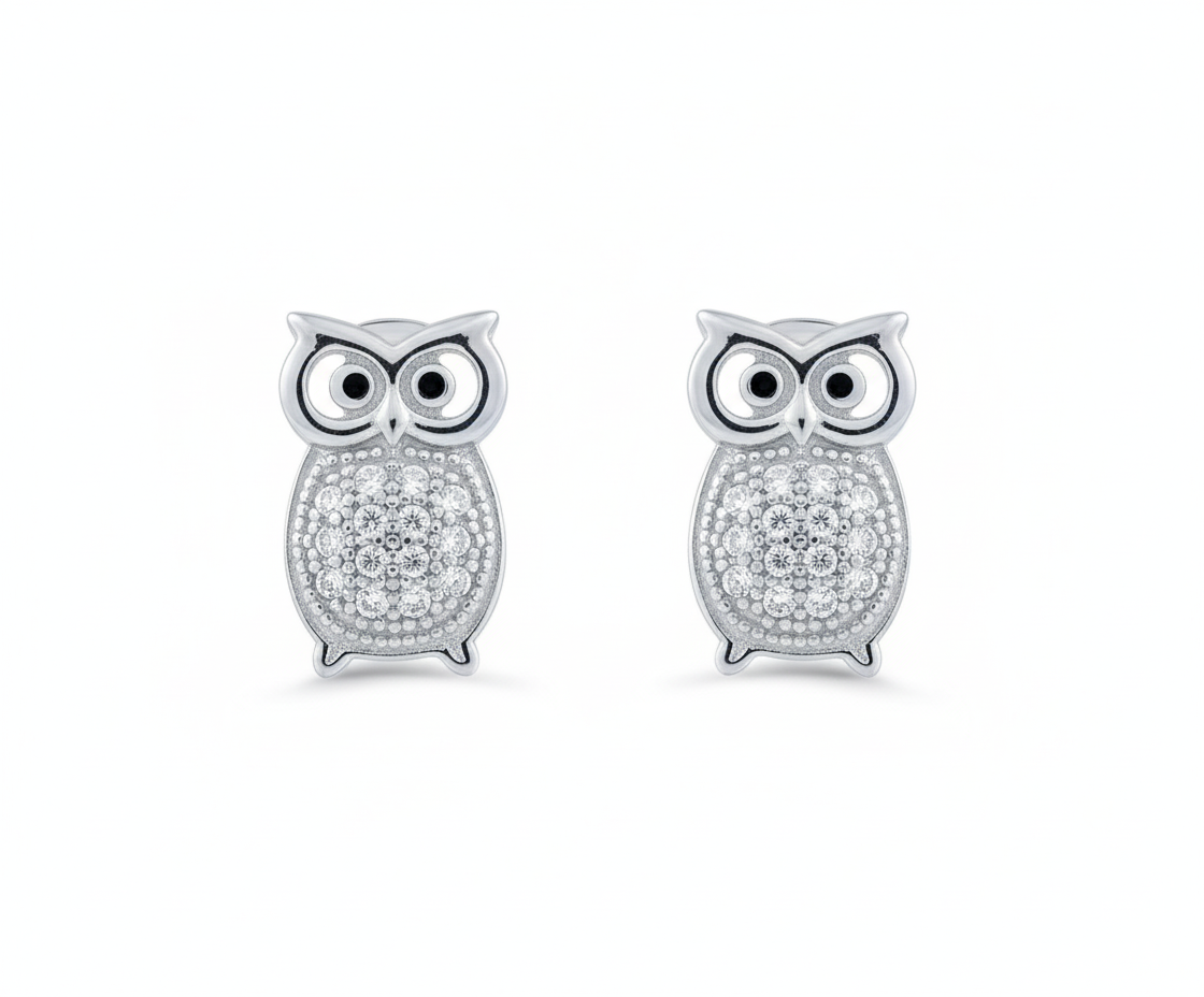 White Gold Over Sterling Silver Cz Owl Stud Earrings for Women
