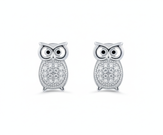 White Gold Over Sterling Silver Cz Owl Stud Earrings for Women