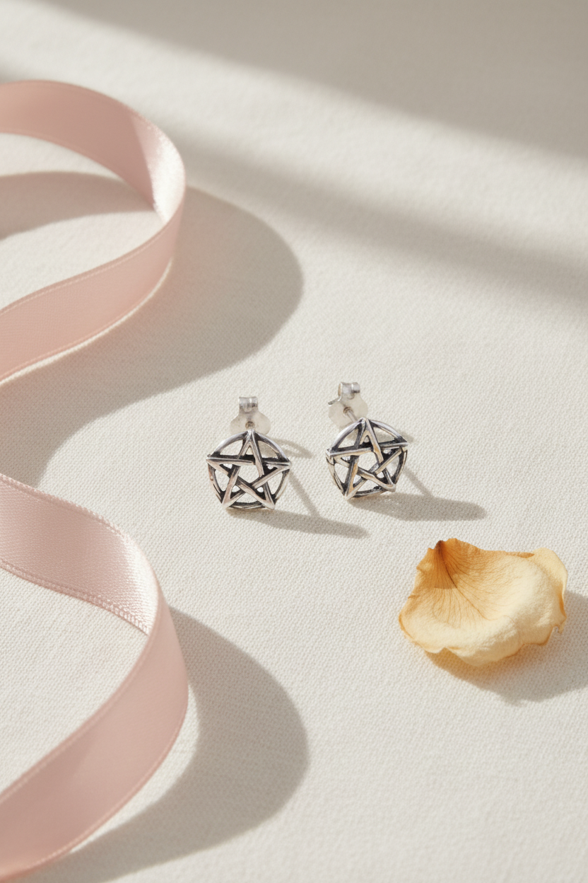 Sterling Silver Women's Oxidized Wiccan Pentagram Star Pentacle Stud Earrings