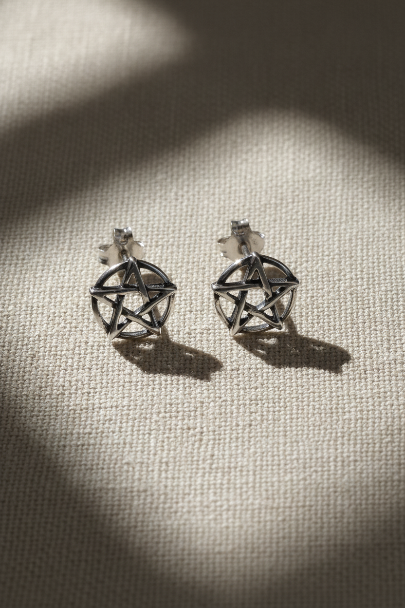 Sterling Silver Women's Oxidized Wiccan Pentagram Star Pentacle Stud Earrings
