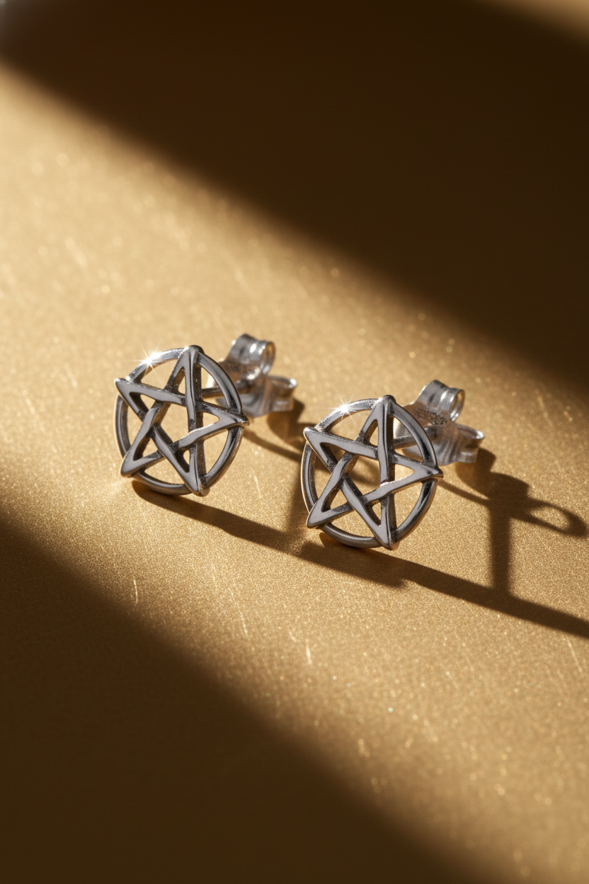 Sterling Silver Women's Oxidized Wiccan Pentagram Star Pentacle Stud Earrings