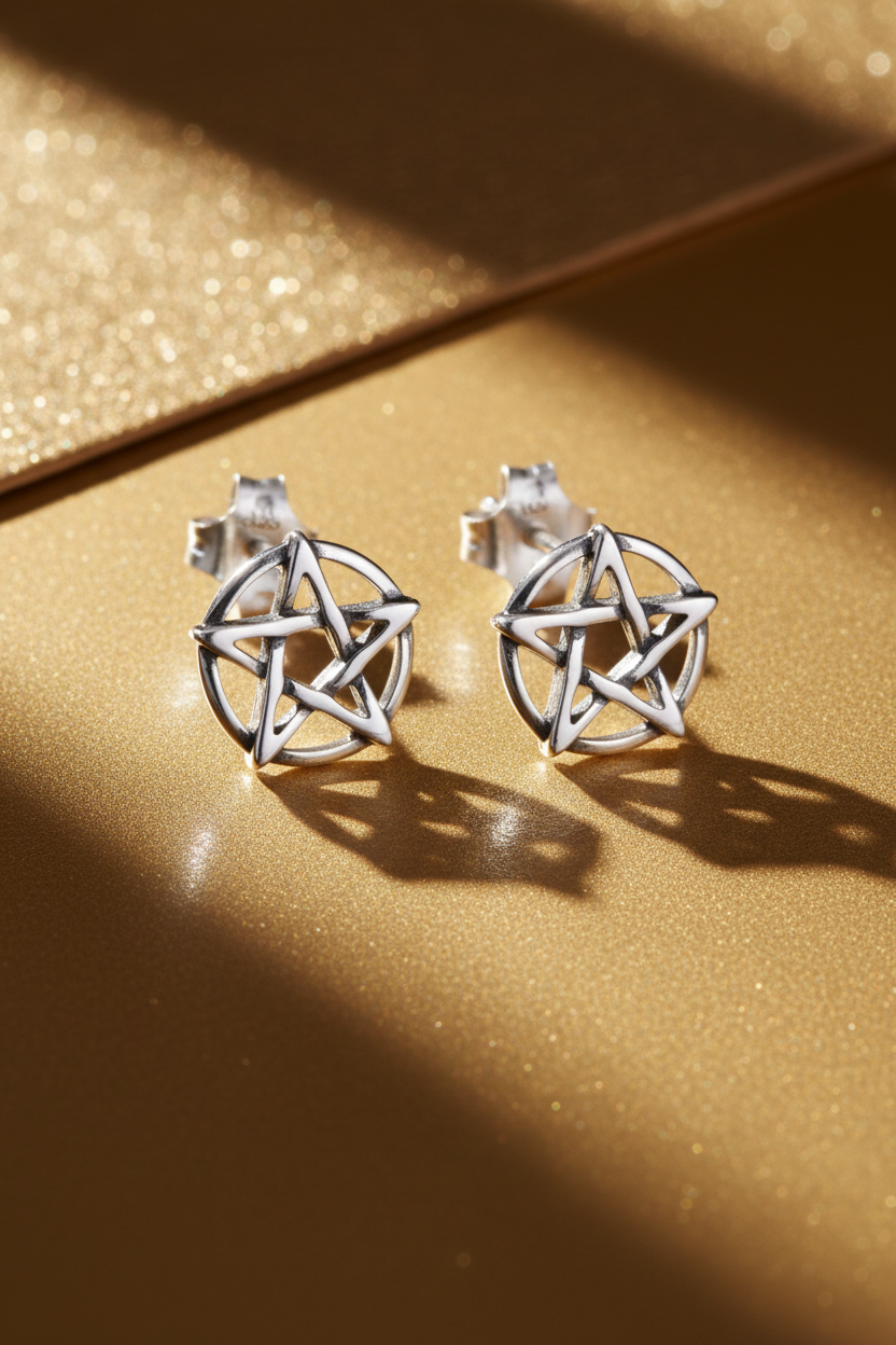 Sterling Silver Women's Oxidized Wiccan Pentagram Star Pentacle Stud Earrings