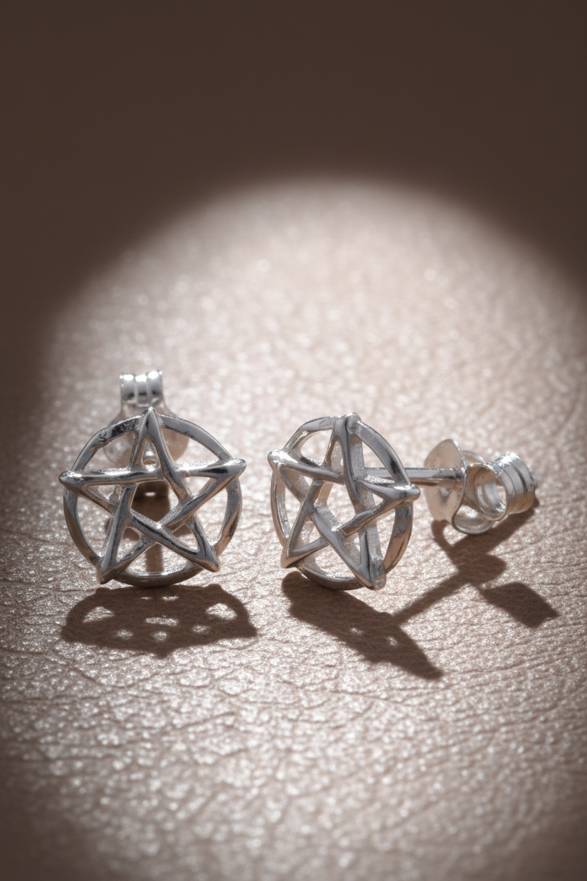 Sterling Silver Women's Oxidized Wiccan Pentagram Star Pentacle Stud Earrings
