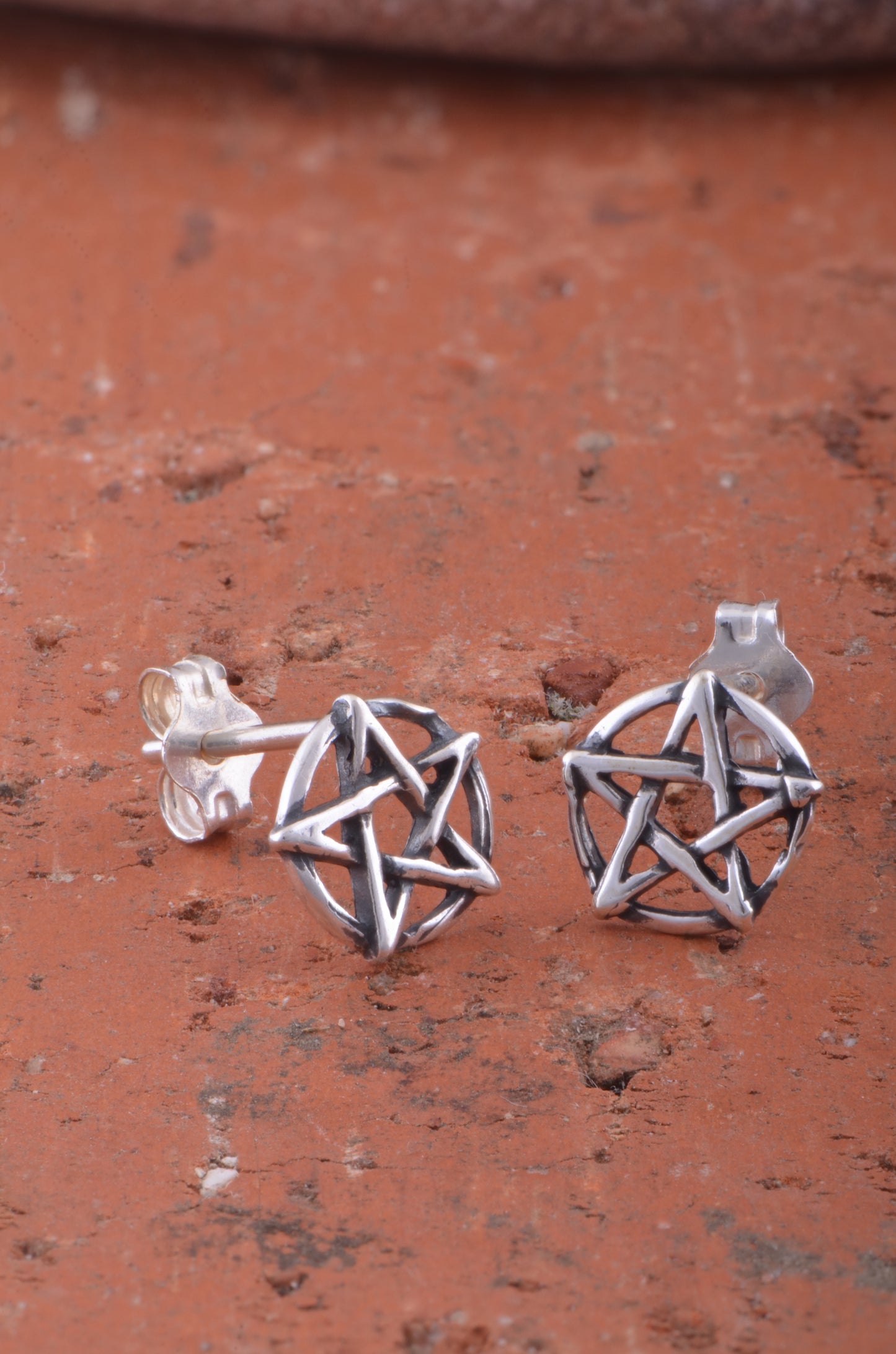 Sterling Silver Women's Dainty Oxidized Wiccan Pentagram Star Pentacle Stud Earrings
