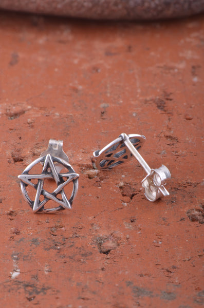 Sterling Silver Women's Dainty Oxidized Wiccan Pentagram Star Pentacle Stud Earrings