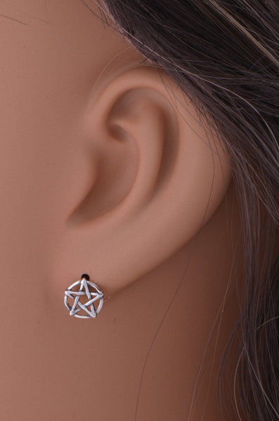 Sterling Silver Women's Dainty Oxidized Wiccan Pentagram Star Pentacle Stud Earrings