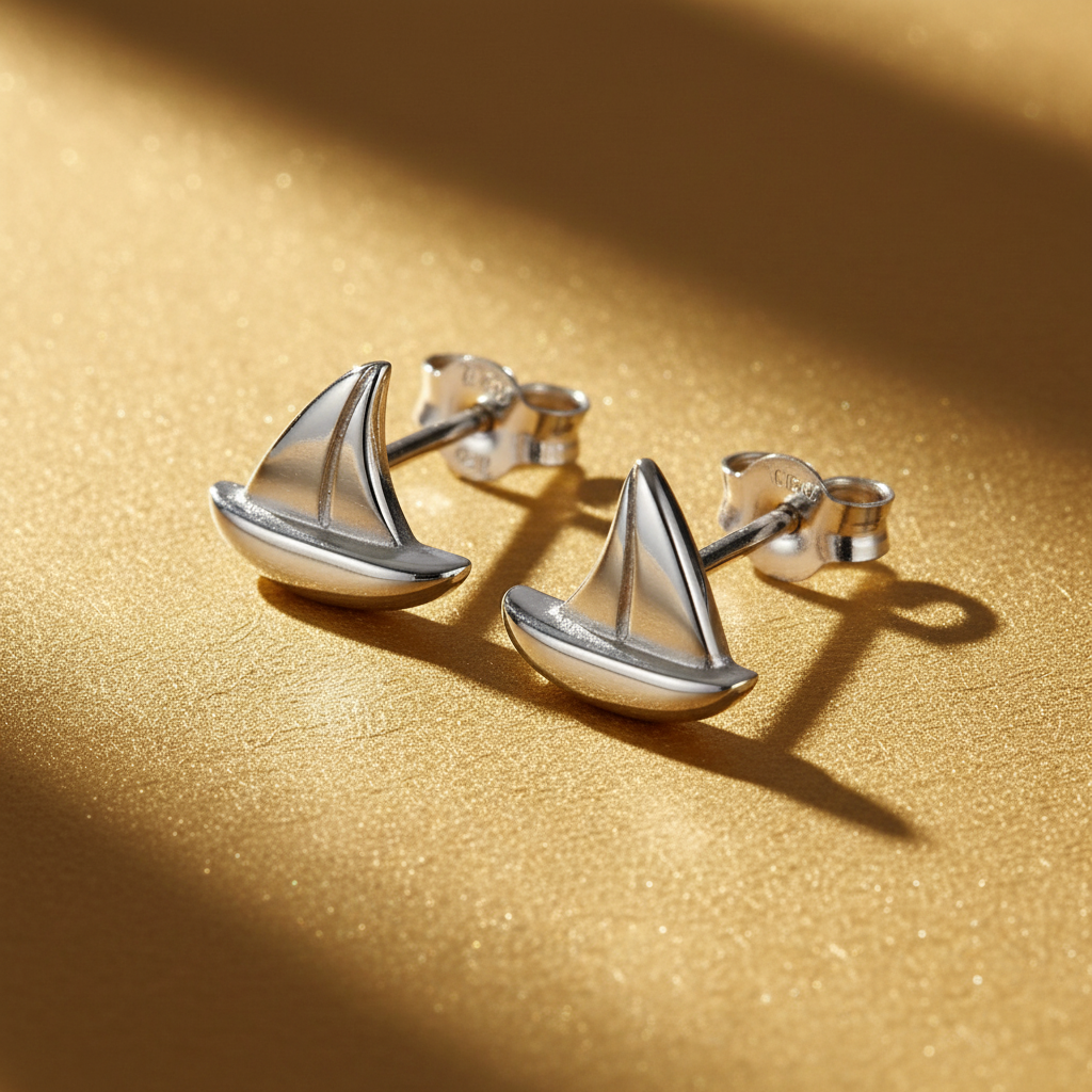 Sterling Silver Ladies Dainty Sailboat Nautical Stud Earrings