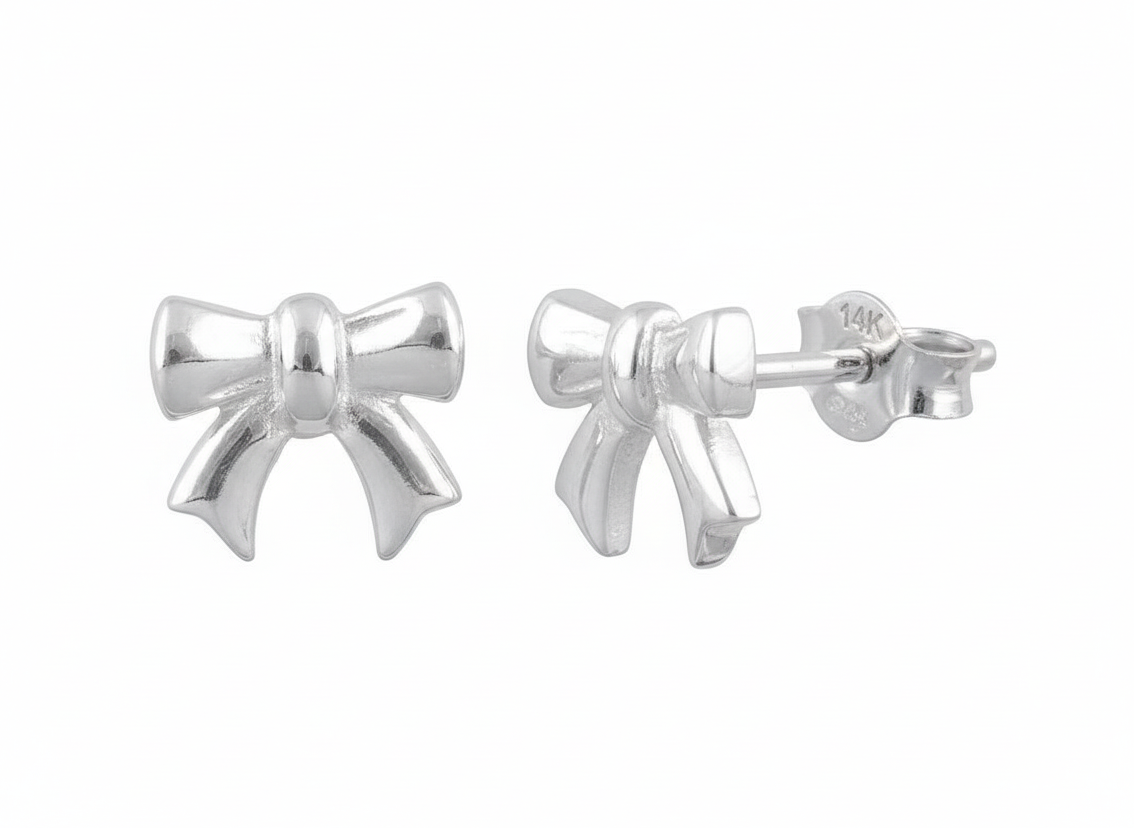 Sterling Silver Girls Small Bow Ribbon Stud Earrings