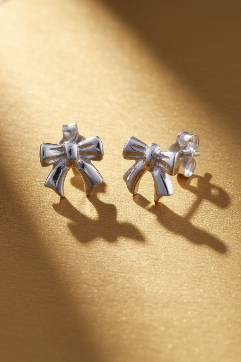 Sterling Silver Girls Small Bow Ribbon Stud Earrings