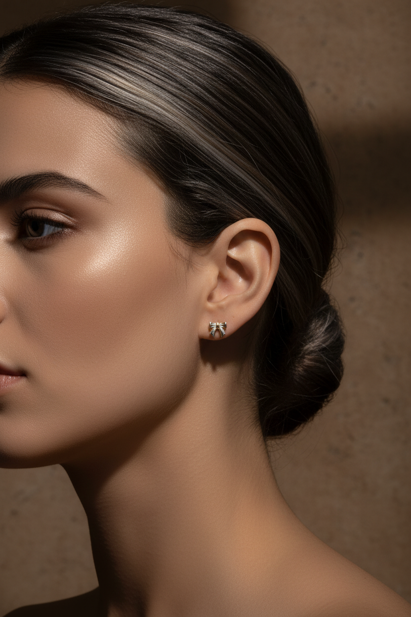 Sterling Silver Girls Small Bow Ribbon Stud Earrings