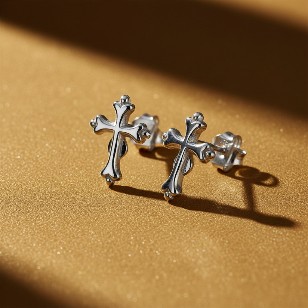 Sterling Silver Girls Dainty Traditional Cross Stud Earrings