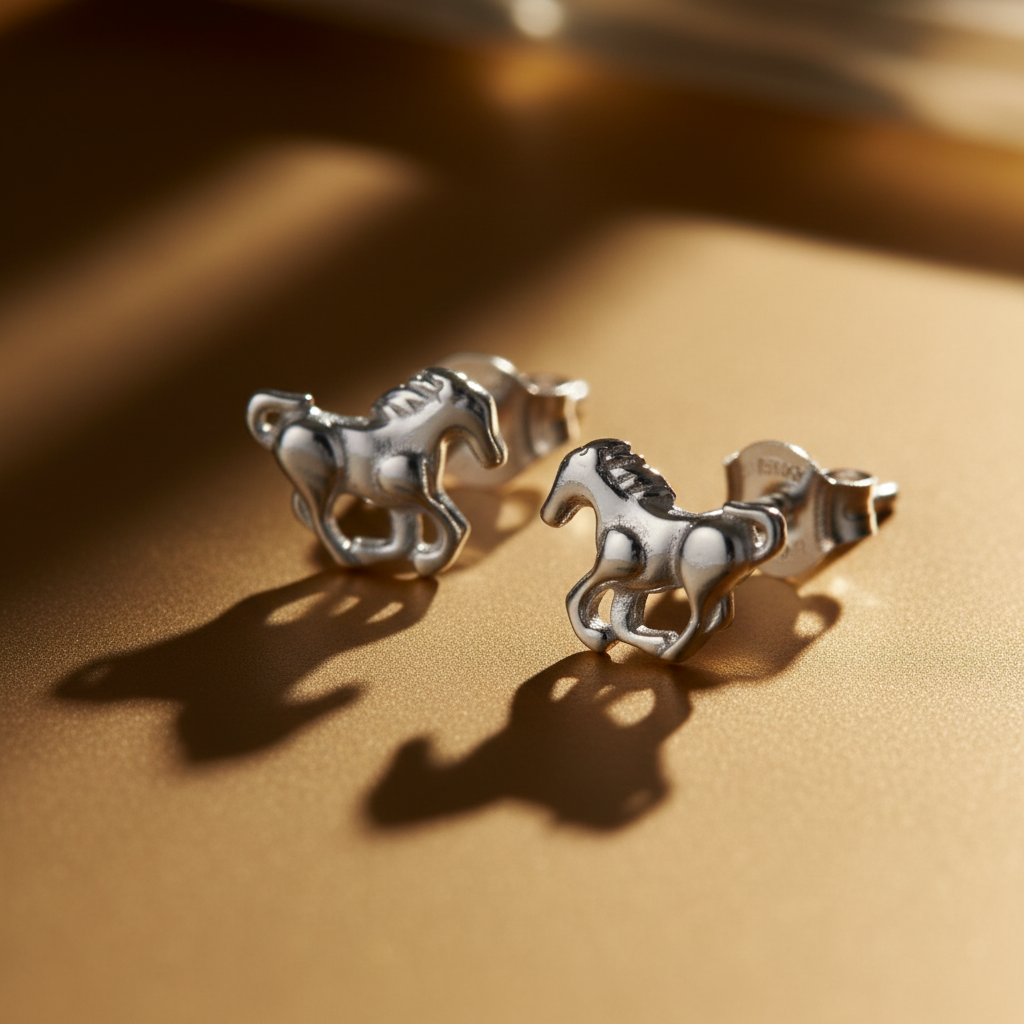 Sterling Silver Girls Small Running Horse Stud Earrings