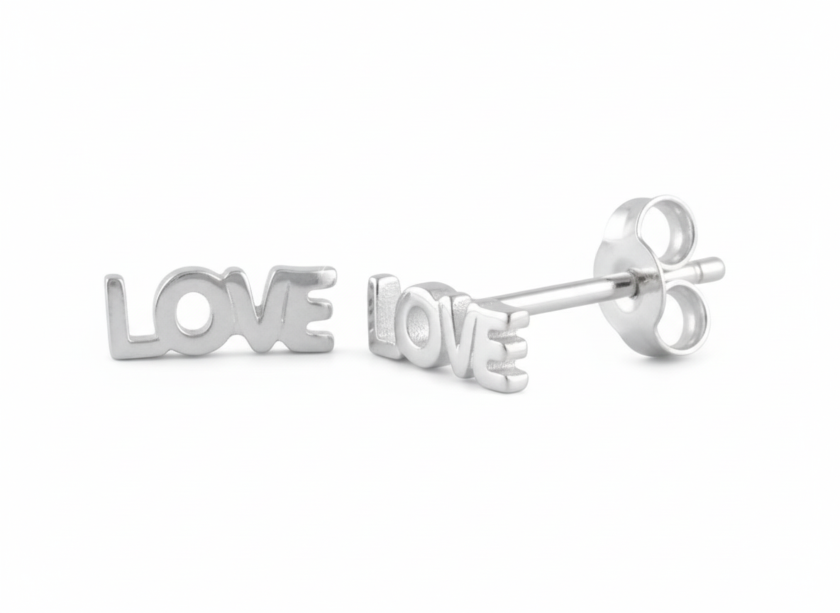 Sterling Silver Women's Dainty Love Word Stud Earrings