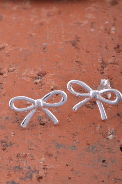 Sterling Silver Girls Medium Bow Ribbon Stud Earrings