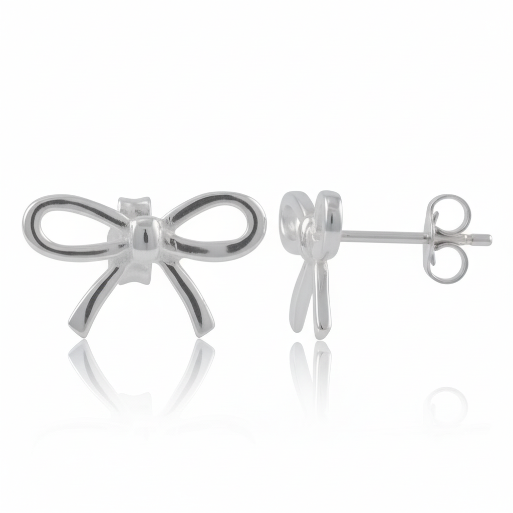 Sterling Silver Girls Medium Bow Ribbon Stud Earrings | SilverCloseOut