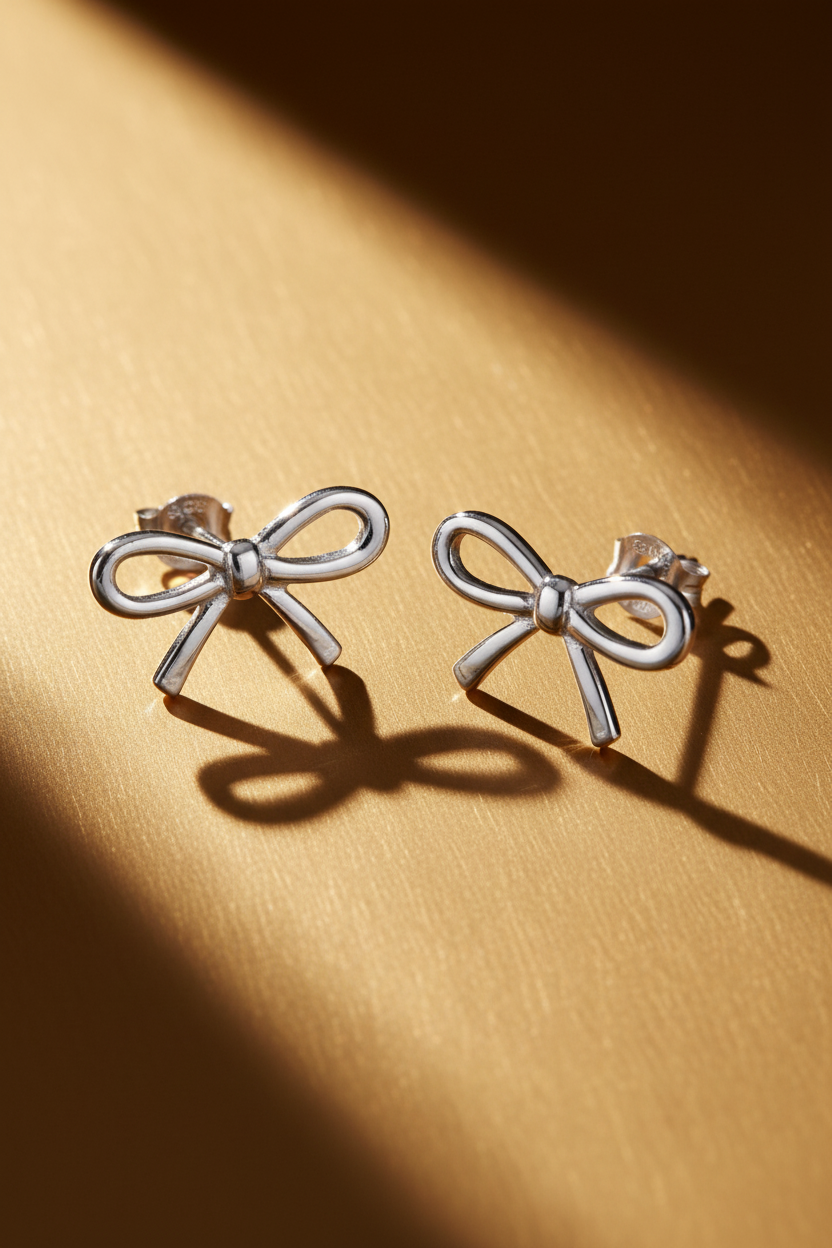 Sterling Silver Girls Medium Bow Ribbon Stud Earrings | SilverCloseOut